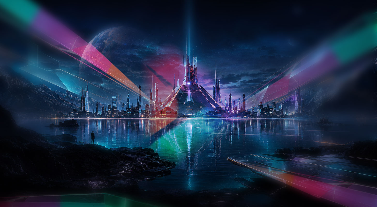 Futuristic connected city illuminated in the Promo Web Digital color spectrum